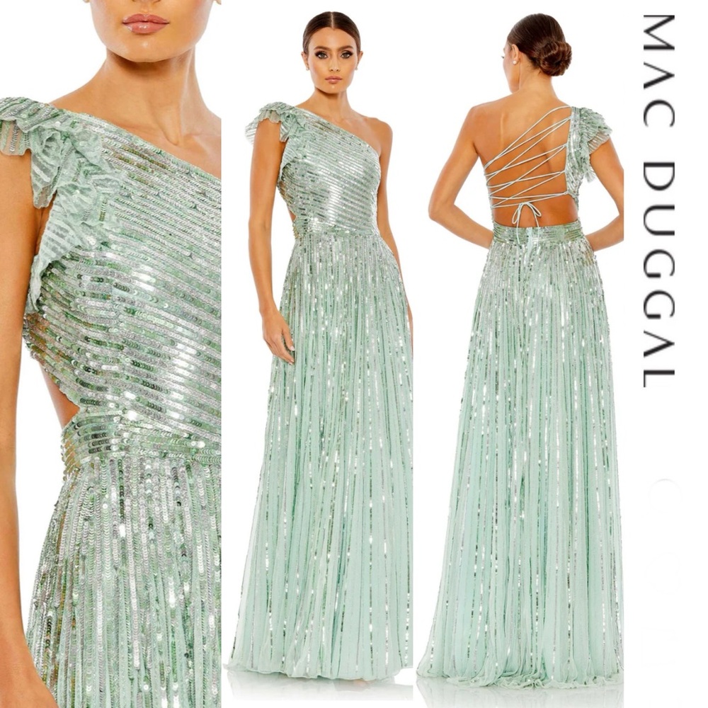 Mac Duggal - Sequined One Shoulder Flutter Sleeve A-Line Gown
